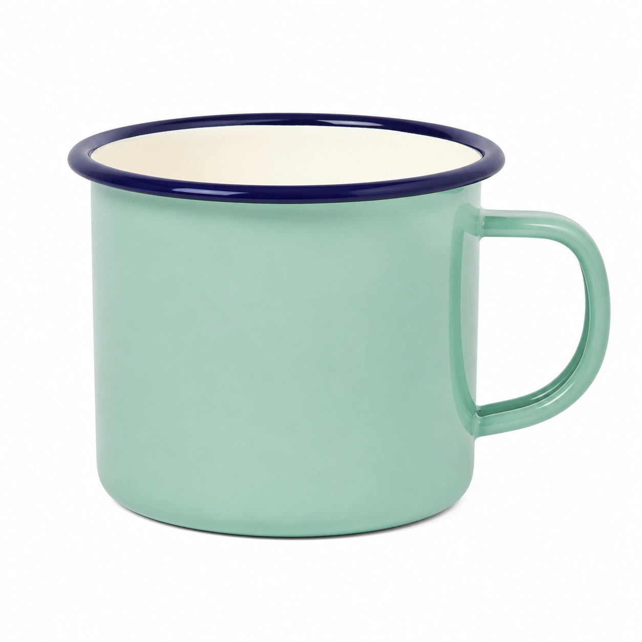 Emaillebecher 350 ml aus Stahl Mintgrün mit dunkelblauem Rand - Retro Trinkbecher