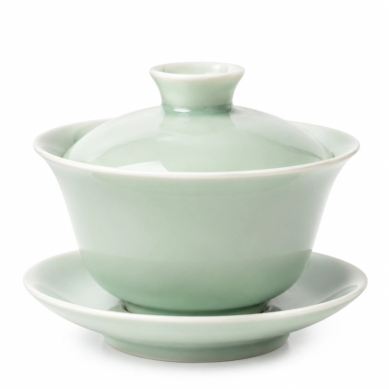 Gaiwan Teeschale 150 ml aus Keramik Hellgrün glasiert mit Deckel und Untertasse