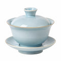 Gaiwan Teetasse 180 ml Porzellan Hellblau mit Deckel und Untertasse