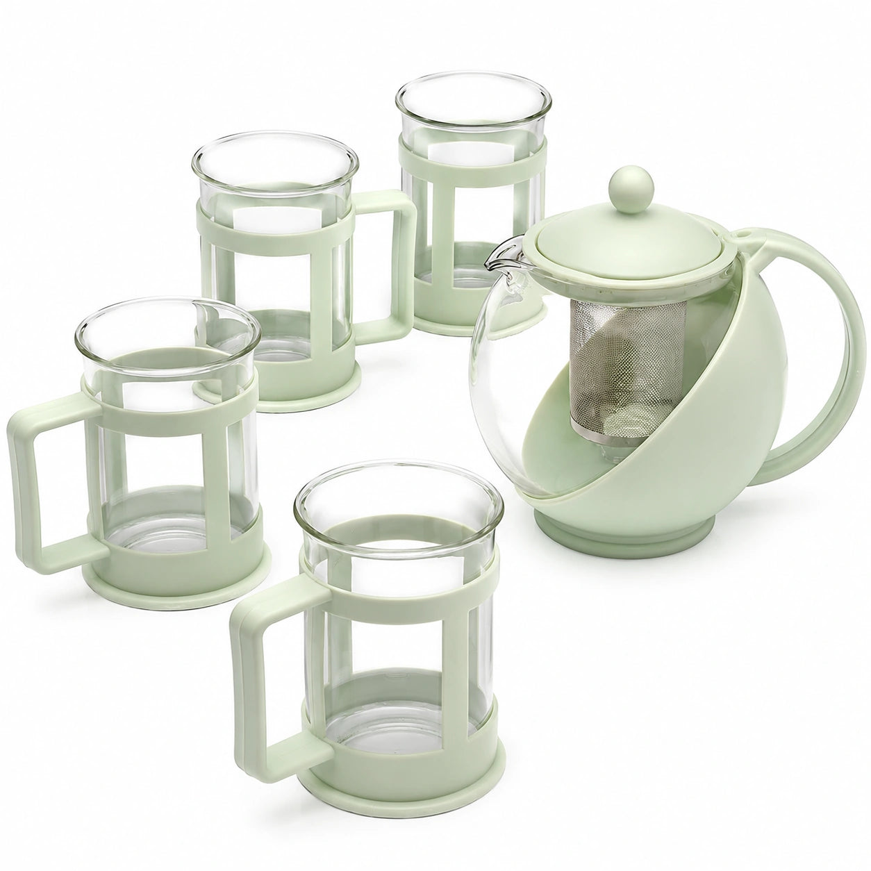 Teeservice 5-teilig 1000 ml aus Glas Kunststoff und Edelstahl in Hellgrün mit Teekanne und Teegläsern