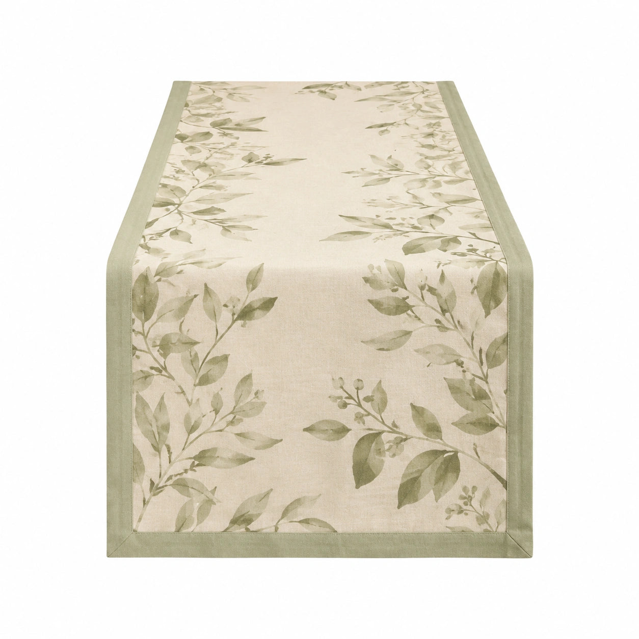Tischläufer 180 x 35 cm aus Textil in Beige Grün mit Blättermuster