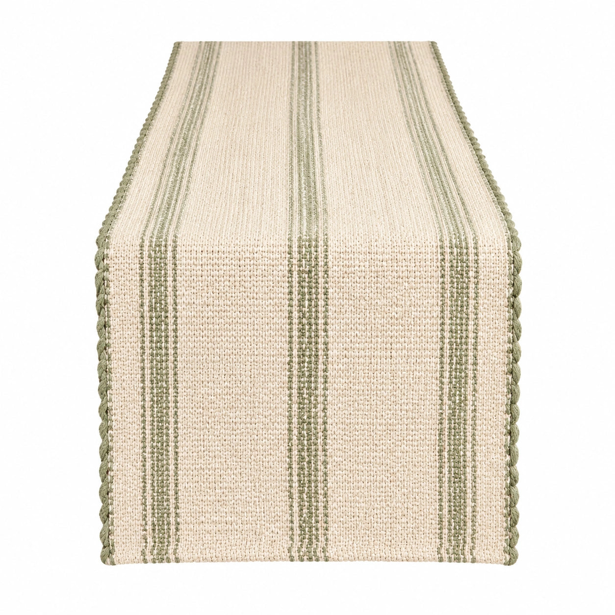 Tischläufer 180 x 35 cm aus gewebtem Textil in Beige/Grün mit Streifenmuster und Kordelrand